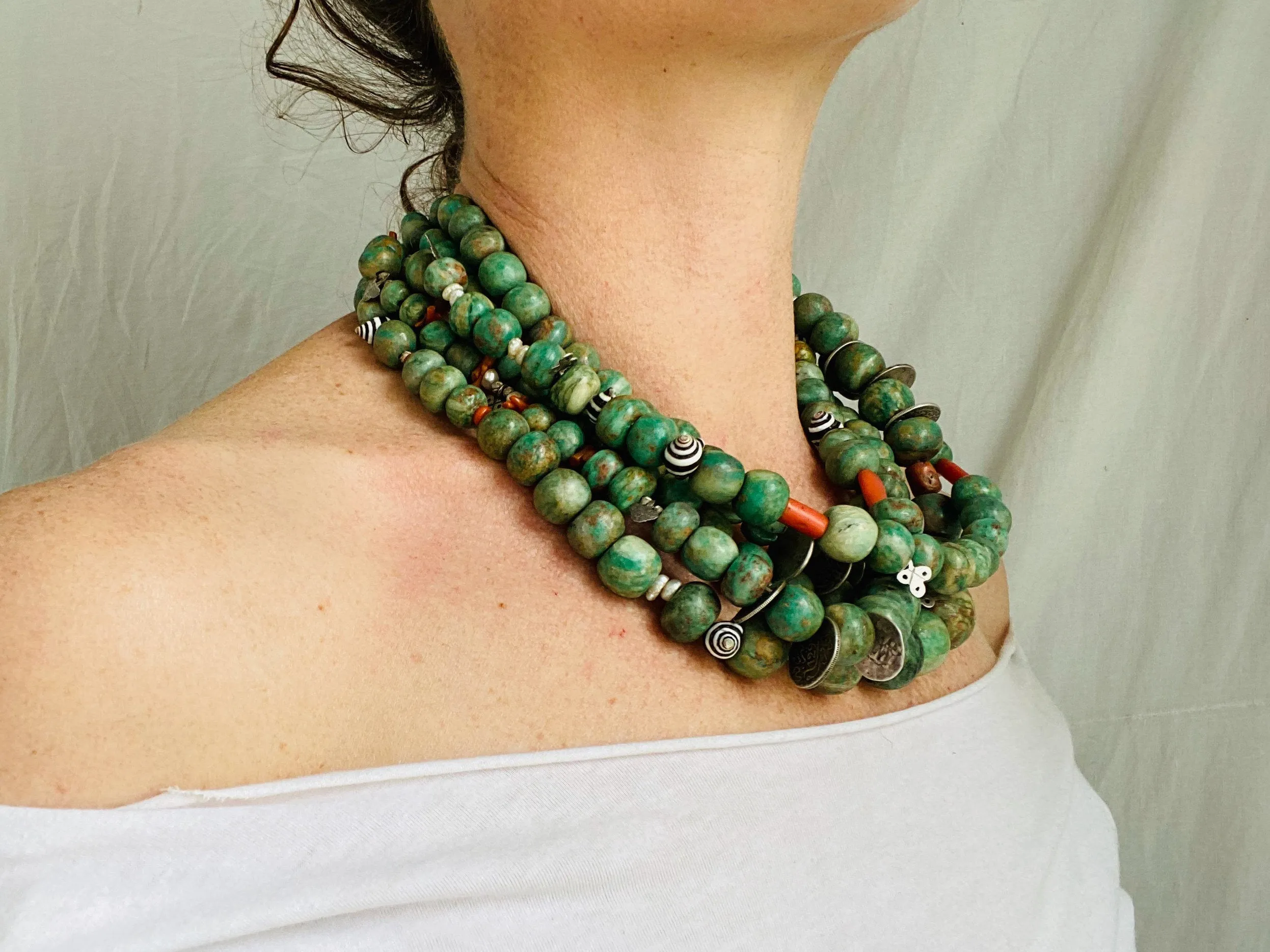 Mayan Guatemalita Jade, Berber Silver, Pearl and Coral Multistrand Necklace.