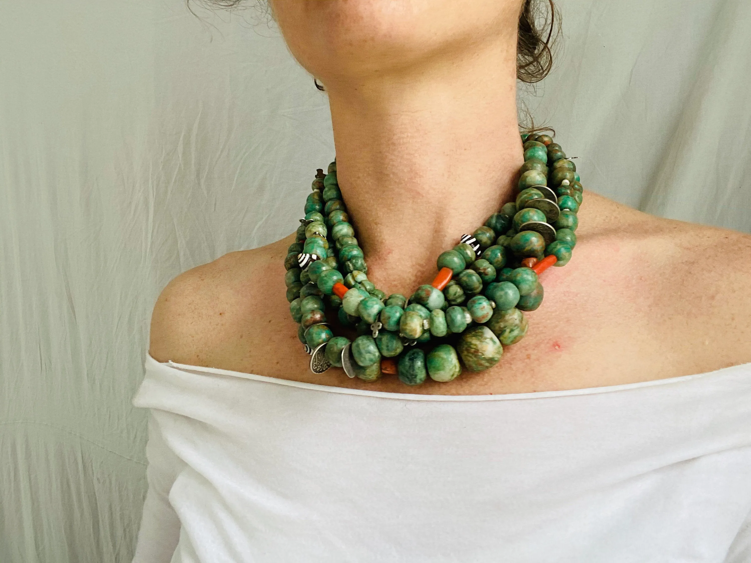 Mayan Guatemalita Jade, Berber Silver, Pearl and Coral Multistrand Necklace.