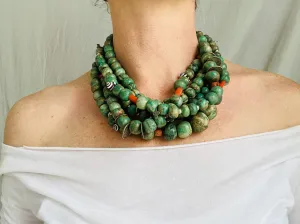 Mayan Guatemalita Jade, Berber Silver, Pearl and Coral Multistrand Necklace.