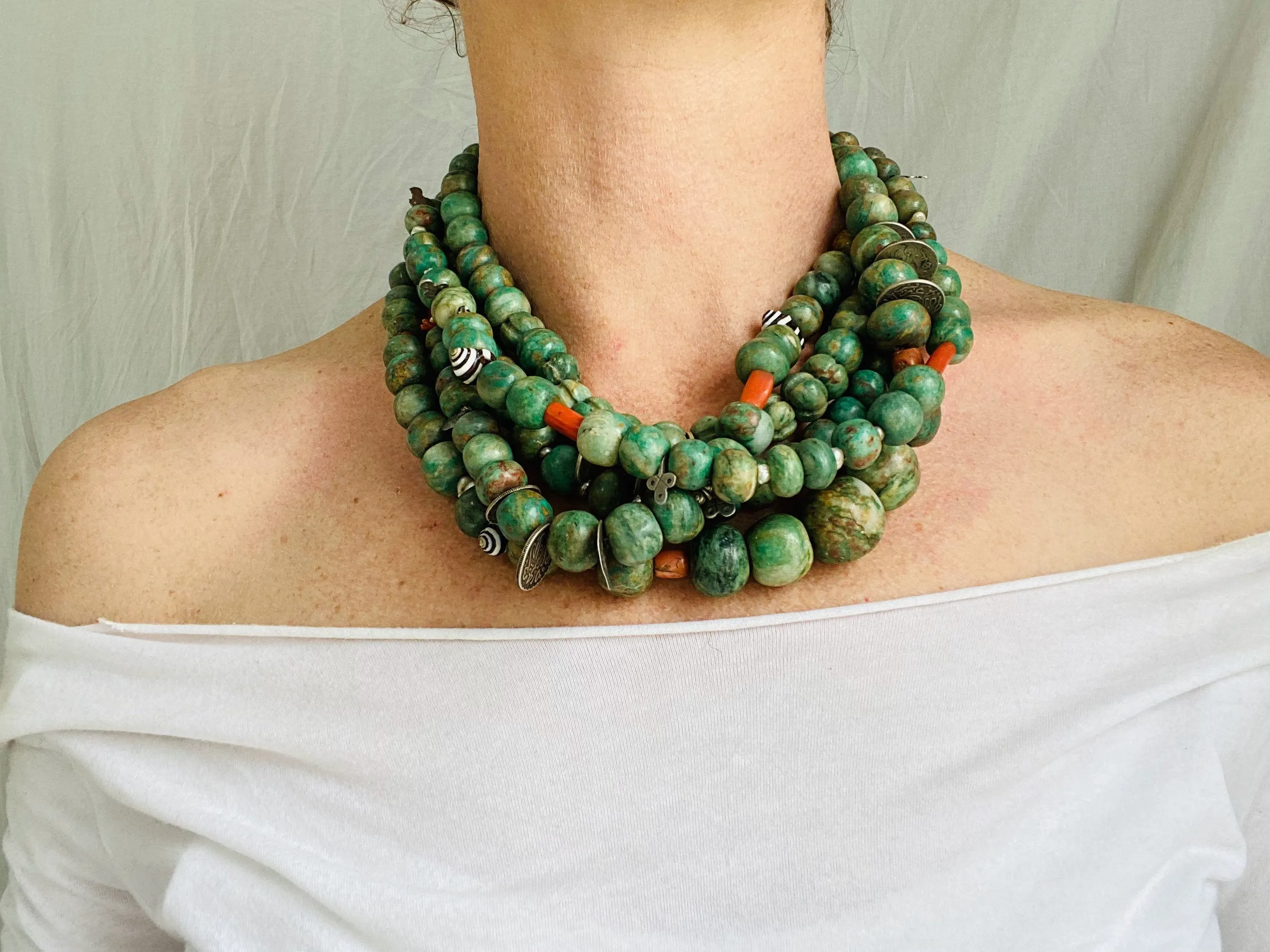 Mayan Guatemalita Jade, Berber Silver, Pearl and Coral Multistrand Necklace.