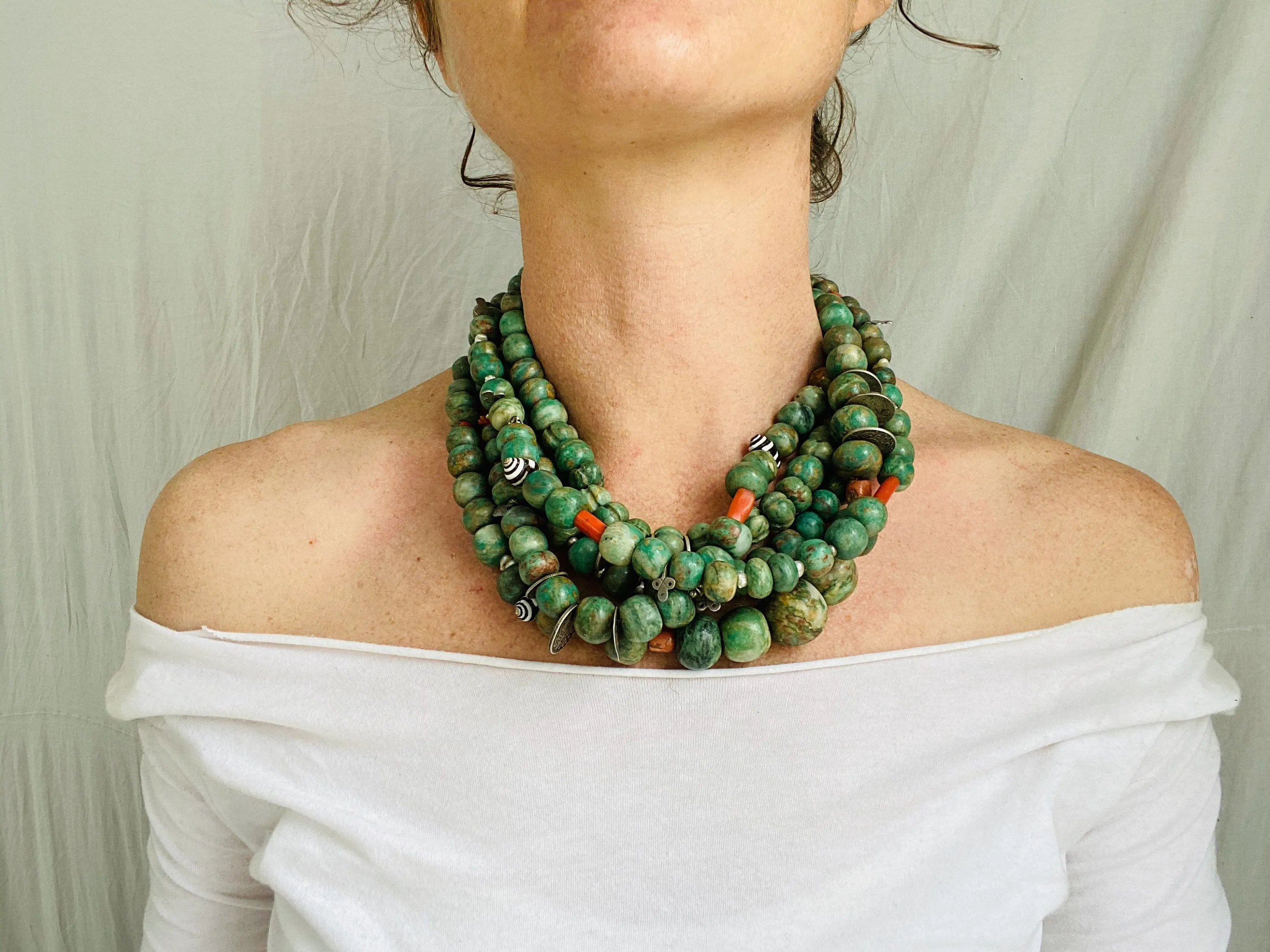 Mayan Guatemalita Jade, Berber Silver, Pearl and Coral Multistrand Necklace.