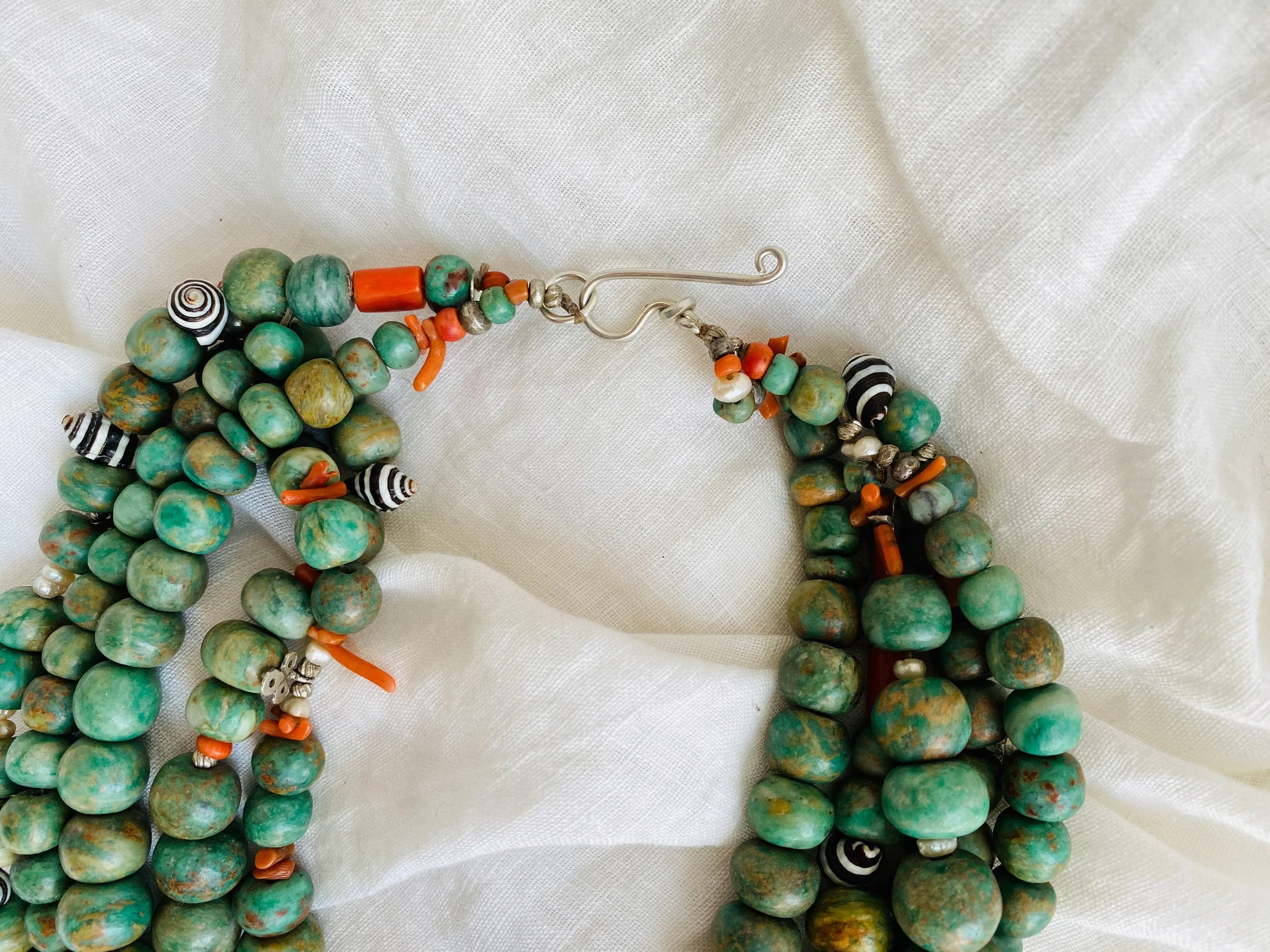 Mayan Guatemalita Jade, Berber Silver, Pearl and Coral Multistrand Necklace.