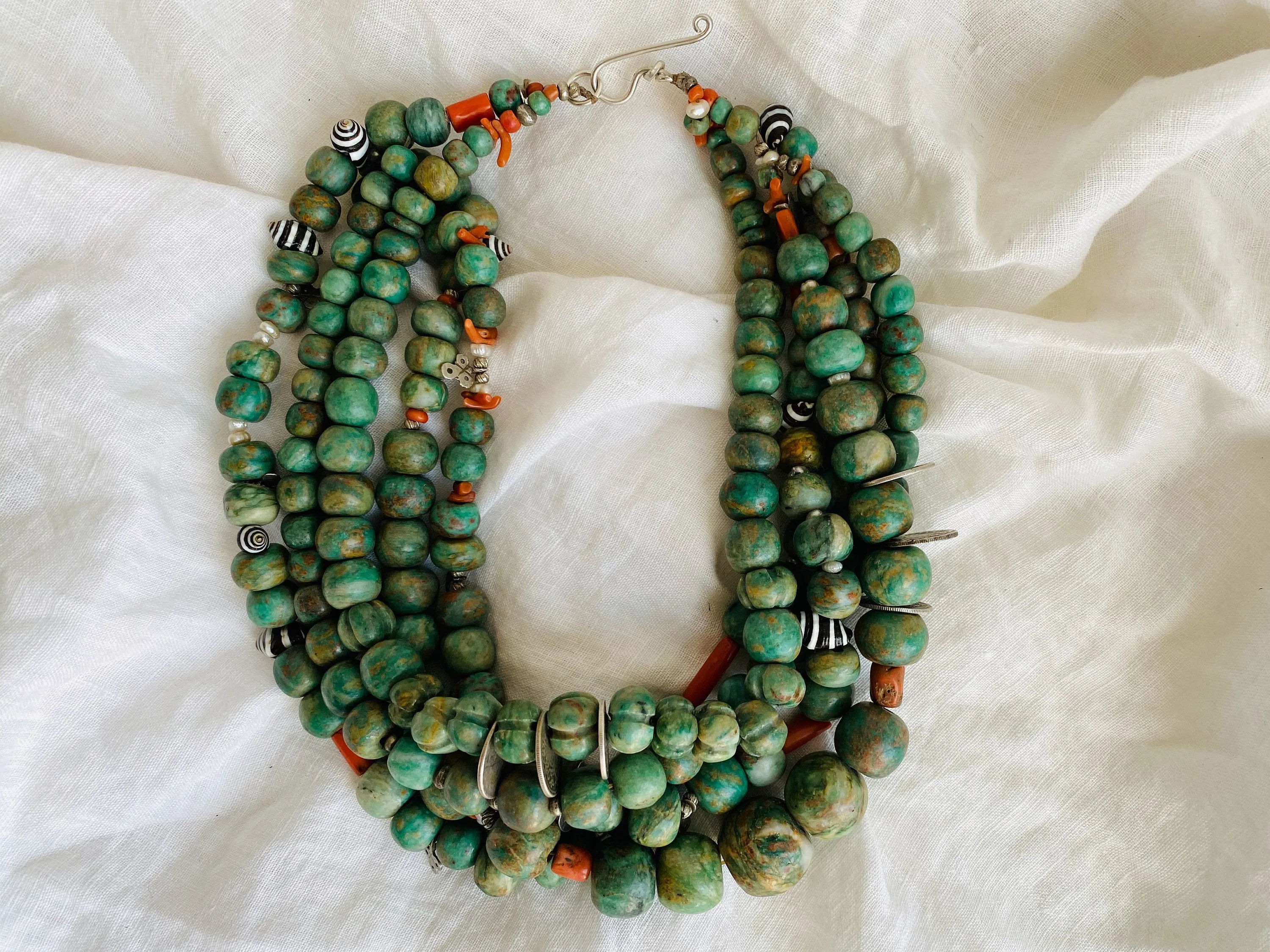 Mayan Guatemalita Jade, Berber Silver, Pearl and Coral Multistrand Necklace.