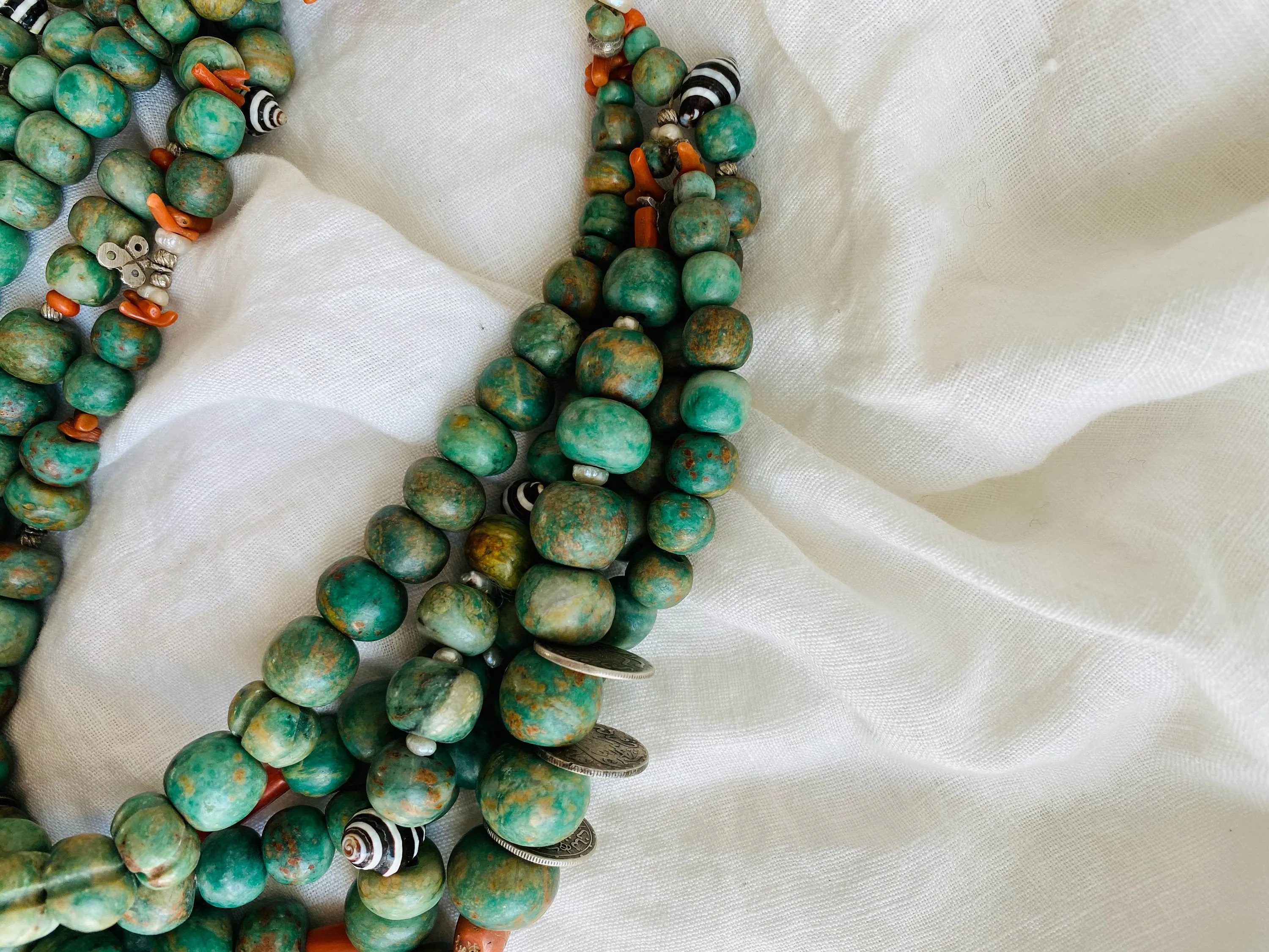 Mayan Guatemalita Jade, Berber Silver, Pearl and Coral Multistrand Necklace.