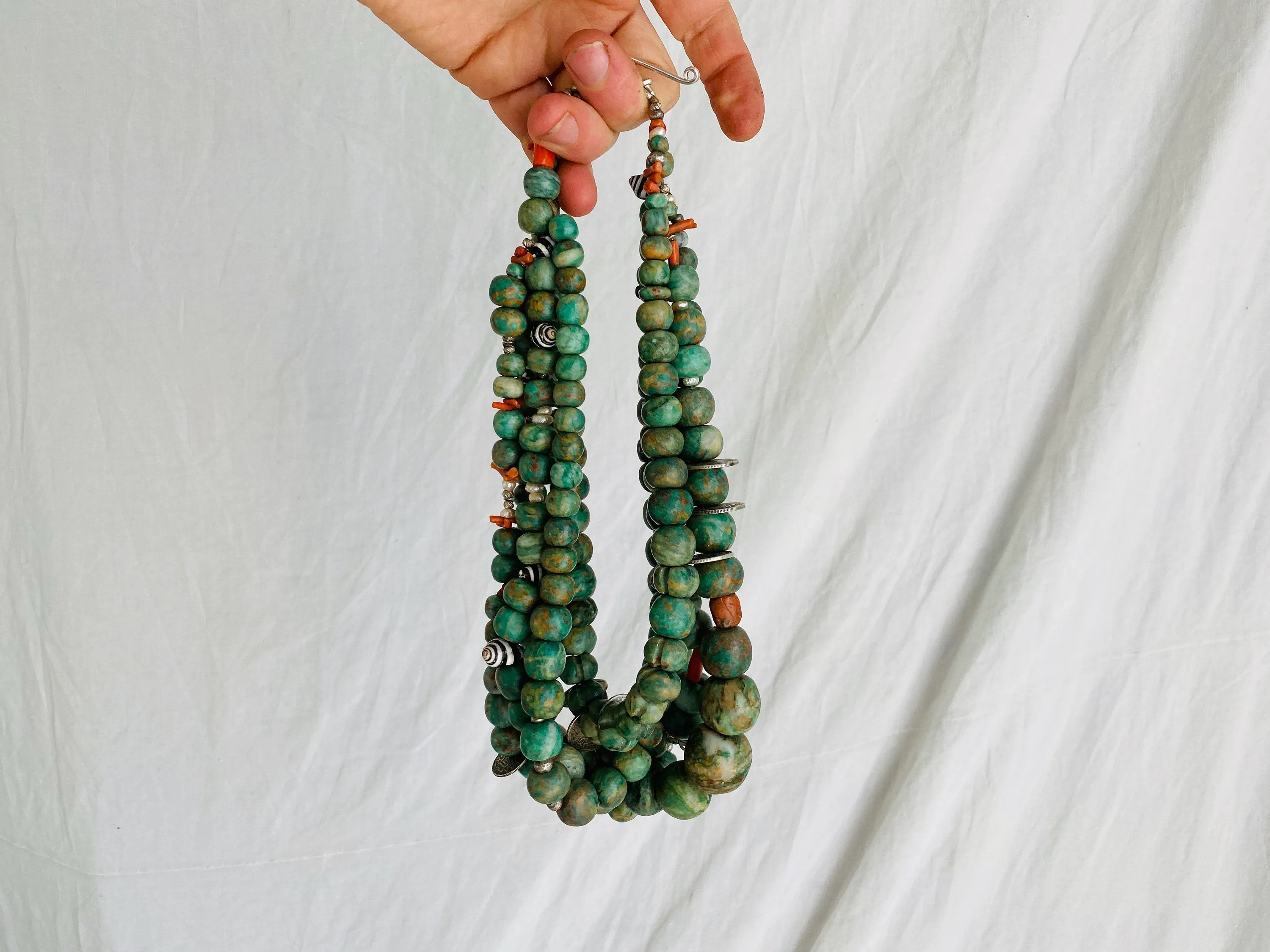 Mayan Guatemalita Jade, Berber Silver, Pearl and Coral Multistrand Necklace.