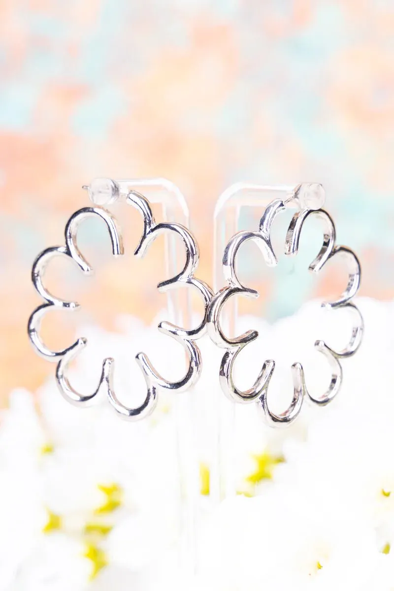 MCKENNA FLOWER SILVERTONE HOOP EARRINGS