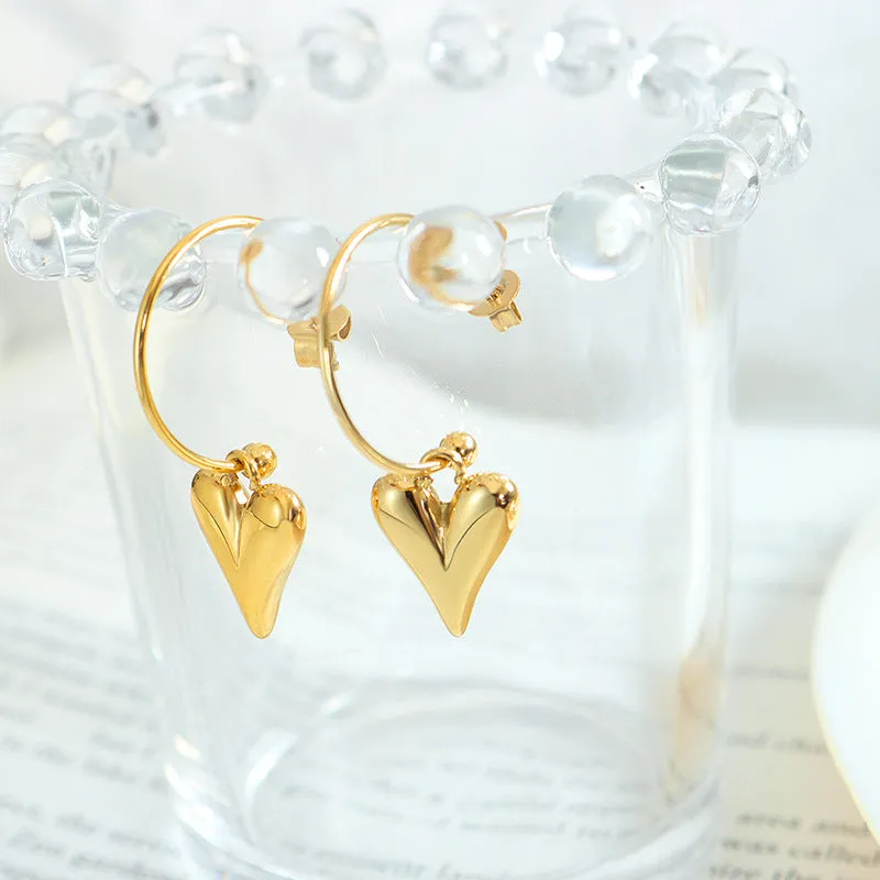 Peach Heart Pendant Earrings - Elegant Gold-Plated Titanium Ear Jewelry