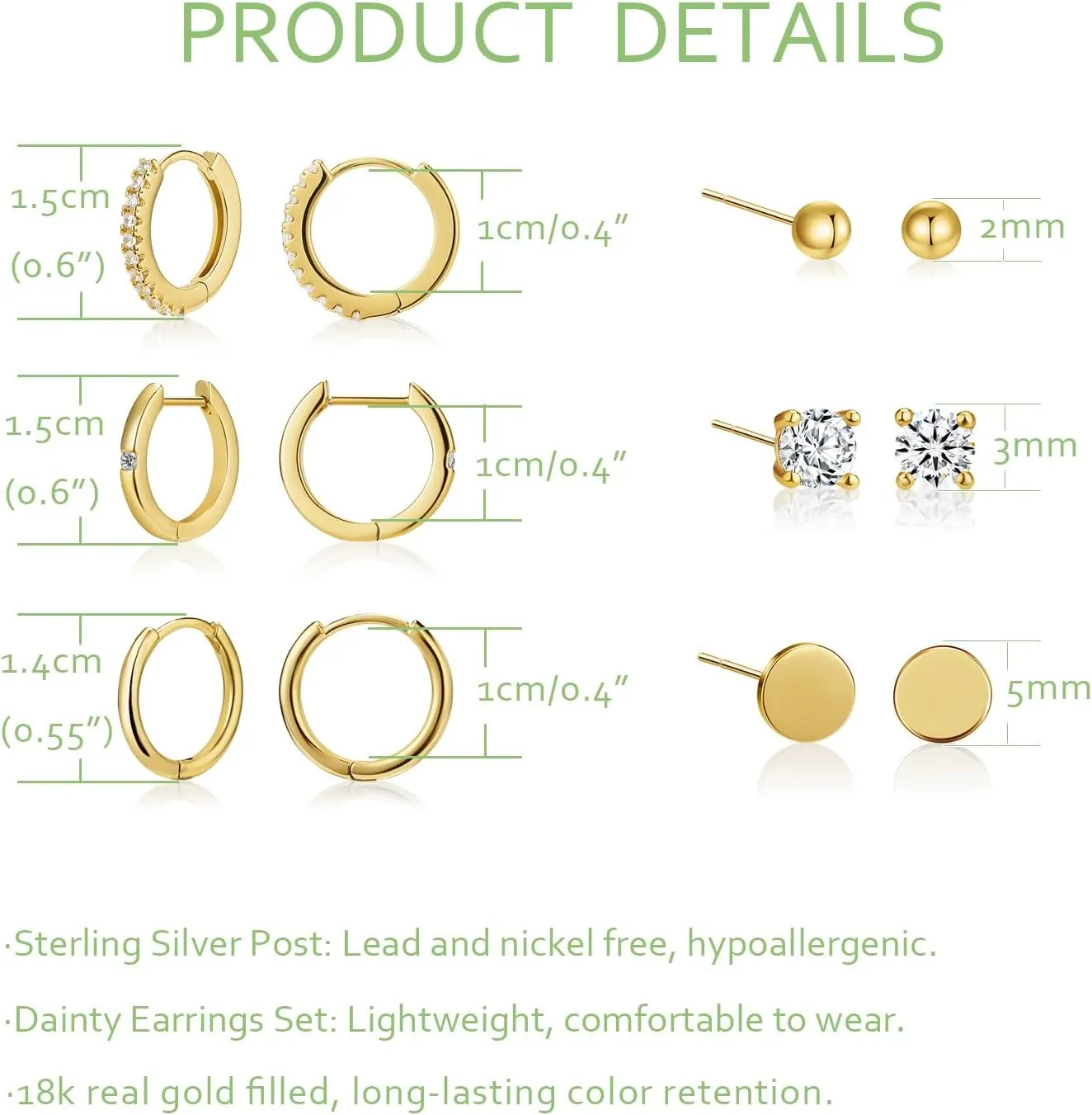 Stud and Hoop Earrings Set for Women 18K Gold Filled CZ Small Ball Studs Huggie Earrings Hypoallergenic Cartilage Earring Sets for Multiple Piercing