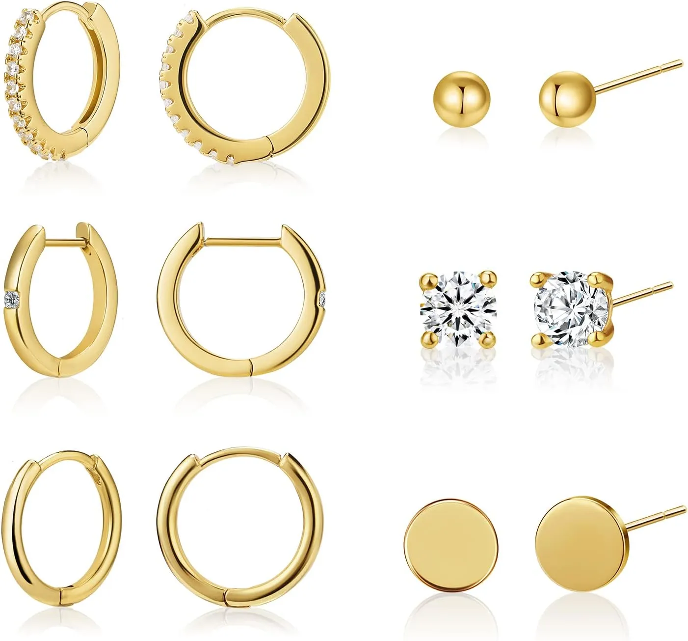 Stud and Hoop Earrings Set for Women 18K Gold Filled CZ Small Ball Studs Huggie Earrings Hypoallergenic Cartilage Earring Sets for Multiple Piercing