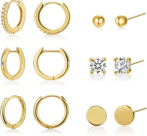 Stud and Hoop Earrings Set for Women 18K Gold Filled CZ Small Ball Studs Huggie Earrings Hypoallergenic Cartilage Earring Sets for Multiple Piercing