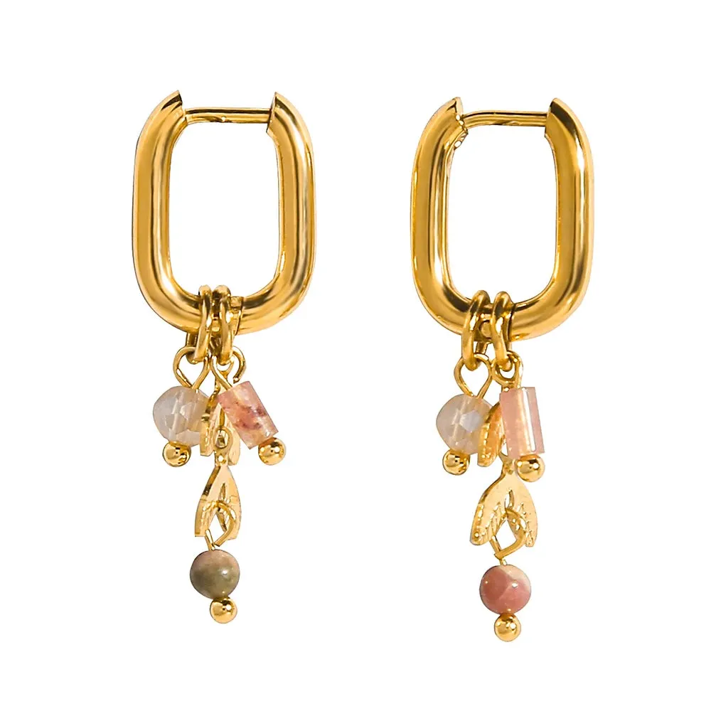 VAIGE Trendy 18K Gold Plated Stainless Steel Hoop Earrings with Natural Pink Stone Charms - Waterproof Fashion Jewelry
